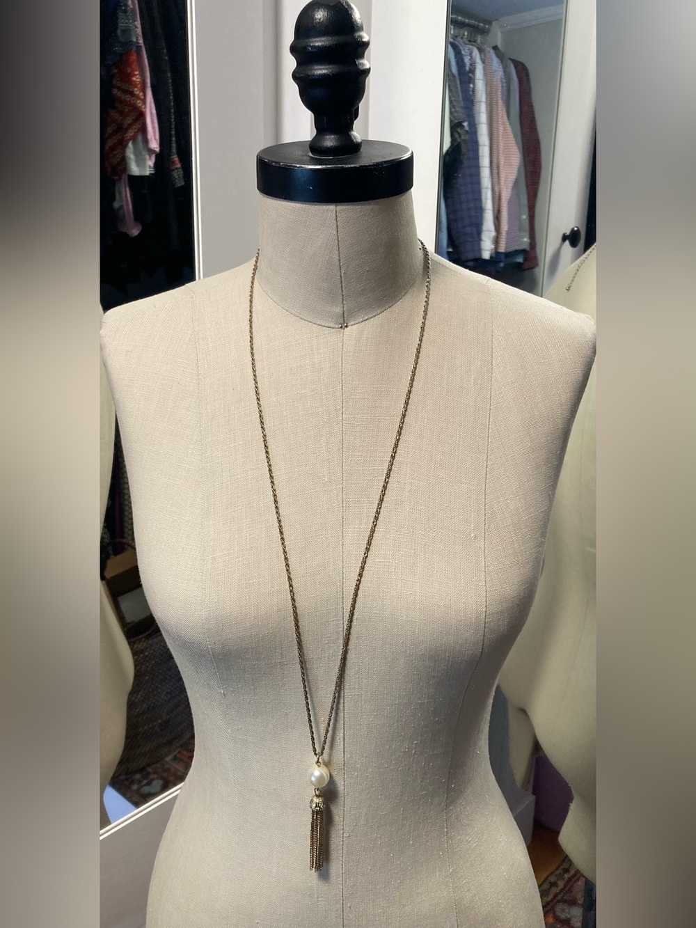 Long Goldtone Tassel Necklace with Faux Pearl Pendant